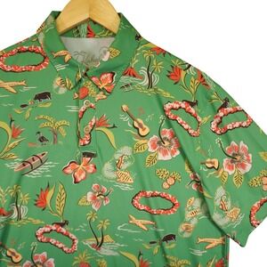 Kahala Polo Shirt Men Medium Green Tropical Hibiscus Ukulele Brrr Performance